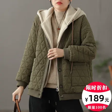 dza 假两件连帽菱格棉服外套女士冬季宽松军绿色棉衣保暖短款棉袄商品大图