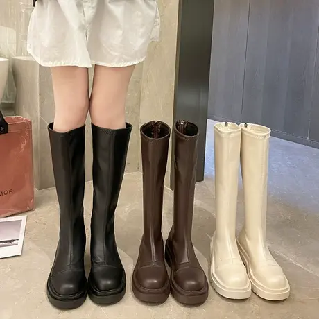 棕色长靴女春秋2023年新款厚底长筒靴显瘦小个子不过膝高筒骑士靴图片