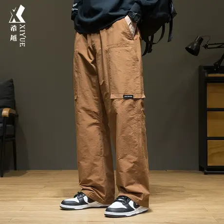 希越户外山系风休闲裤男宽松大码焦糖色直筒工装裤子男秋季新款潮图片