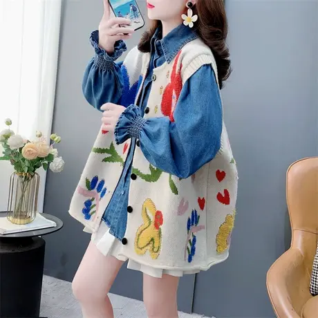 森系甜美可爱提花圆领针织马甲背心女春季2025年新款宽松无袖坎肩图片
