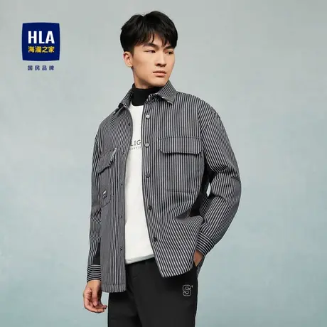 HLA/海澜之家翻领夹克2023秋季新款条纹衬衫款立体贴袋休闲外套男图片