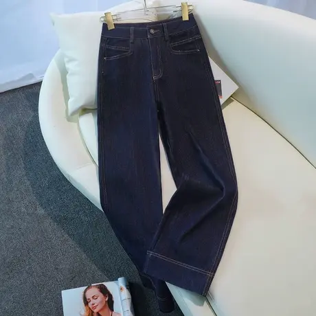 拉夏贝尔深蓝色直筒牛仔裤女秋季2025新款高腰显瘦时尚流行阔腿裤商品大图