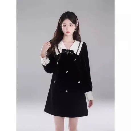 爵莱菲大码富家千金黑色丝绒连衣裙女娃娃领直筒裙秋冬季法式商品大图