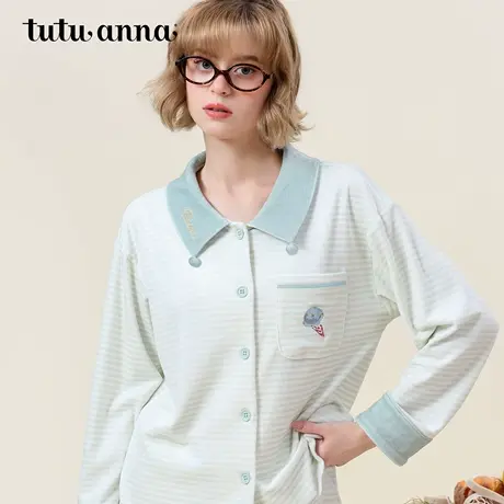 tutuanna秋冬家居服女 加厚BB绒横条纹口袋刺绣加绒睡衣女套装商品大图