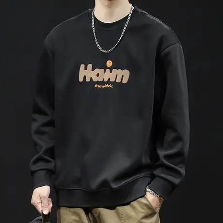 潮牌卫衣男秋冬款圆领男款重磅黑色加绒衣服秋季2023新款长袖大码商品大图