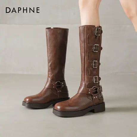 达芙妮加绒长筒靴女2026新款靴子冬季平底西部牛仔靴美拉德骑士靴图片