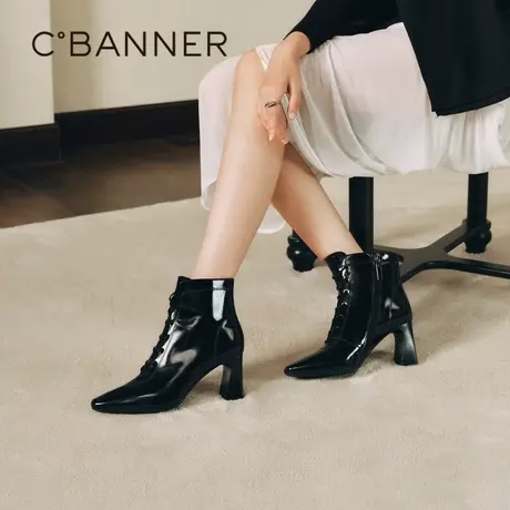 千百度冬季女靴摩登质感真皮时装靴高跟系带时尚亮面短靴女图片