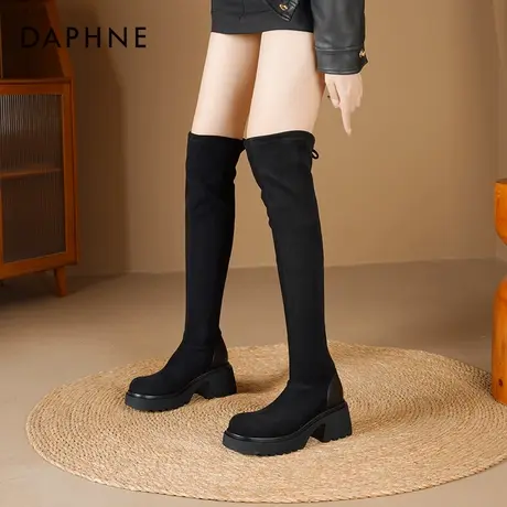 达芙妮过膝靴长筒靴女2025新款秋冬弹力靴子女厚底黑色绒面长靴商品大图