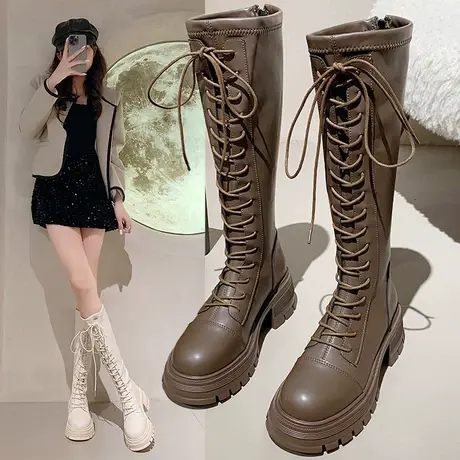 真皮长筒靴女2023新款秋冬加绒显瘦系带增高厚底高筒长靴子骑士靴图片