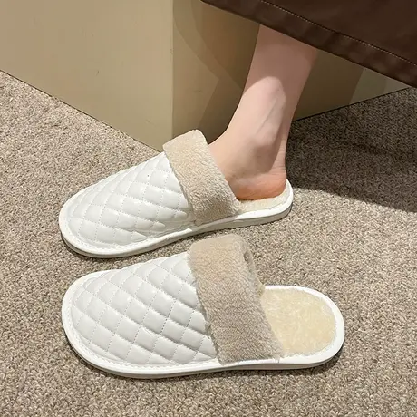 时尚高级感防水皮面棉拖鞋女冬居家防滑大码月子拖鞋保暖毛毛拖男商品大图