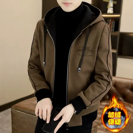 高端轻熟风毛呢外套男士秋冬季休闲连帽夹克冬装加绒加厚呢子大衣图片