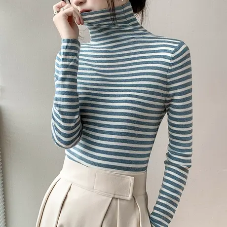 羊毛高领条纹针织衫女2023秋冬新款长袖内搭毛衣保暖修身打底衫图片