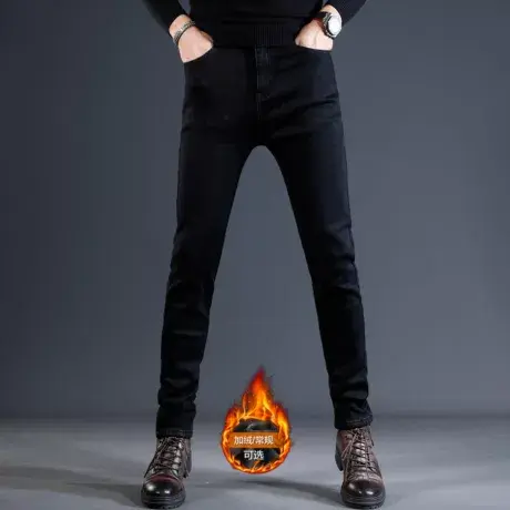 秋冬牛仔裤男2023新款加绒加厚黑色修身小脚休闲弹力男士潮流裤子商品大图