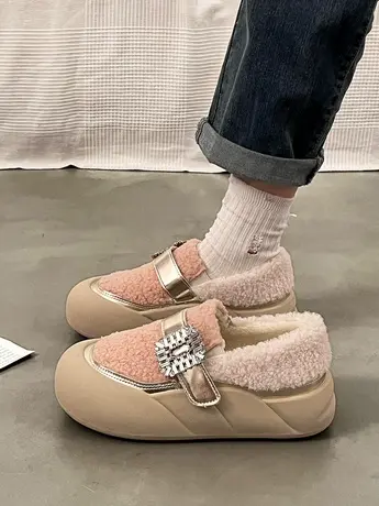 毛毛鞋松糕厚底棉鞋女2023秋冬新款加绒魔术贴休闲鞋大头面包鞋潮商品大图