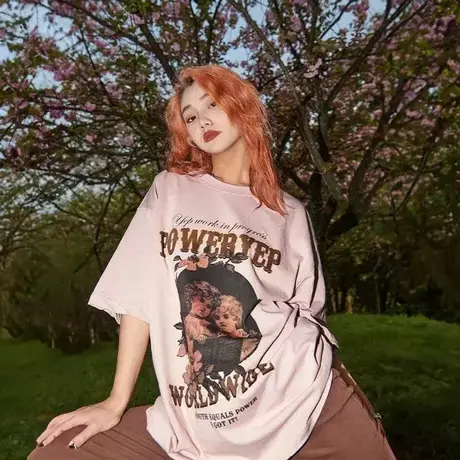yep美式复古脏粉色短袖t恤女夏装设计感小众潮牌宽松上衣女纯棉图片