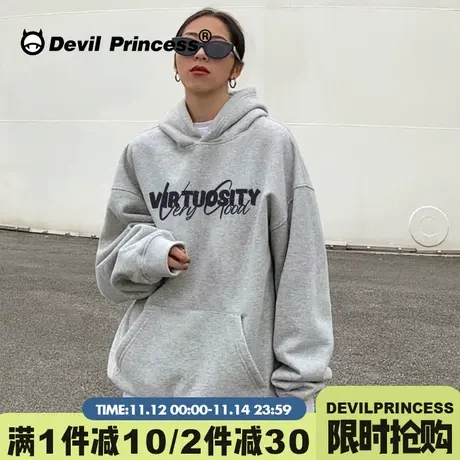 韩风ins高级感字母印花灰色连帽卫衣女宽松慵懒风秋冬加绒上衣潮图片