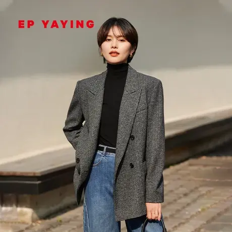 [唐嫣同款]EP雅莹女装 绵羊毛格纹西装毛呢外套 商场同款1102A商品大图