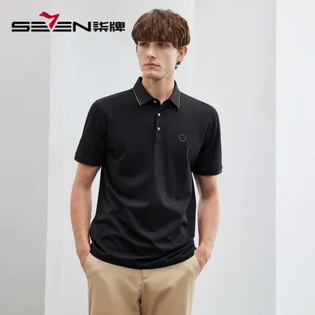 【亚麻】柒牌短袖t恤男polo衫夏季薄款时尚休闲满身提花翻领上衣商品大图