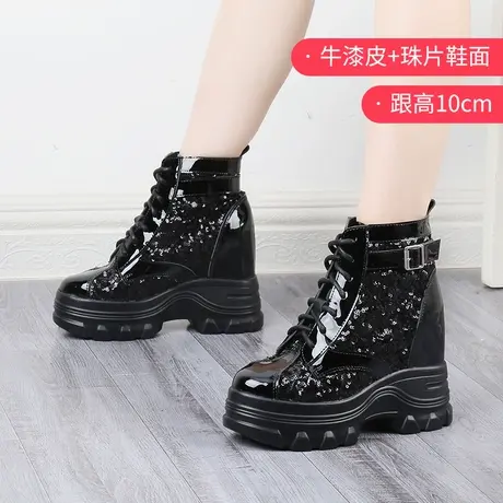 高帮鞋女内增高2023年新款秋季牛漆皮亮片厚底坡跟10CM休闲运动鞋图片