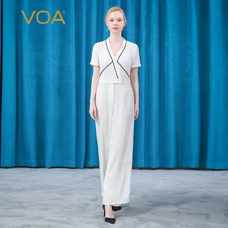 VOA30姆米重磅真丝V领短袖纽扣明线装饰牛奶白职场桑蚕丝连体裤图片