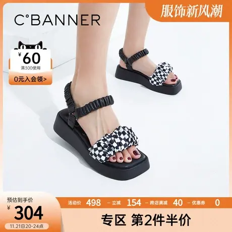 千百度女鞋秋季新款时尚棋盘格仙女厚底潮流舒适简约休闲凉鞋商品大图