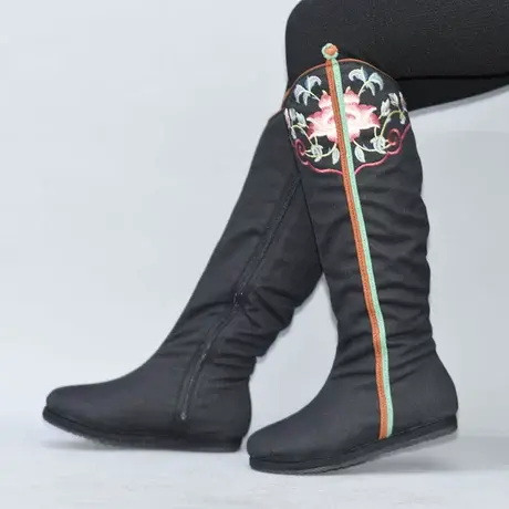 汉舞冬季老北京民族风古风汉服女布鞋刺绣加绒加厚高靴棉靴芳菲商品大图