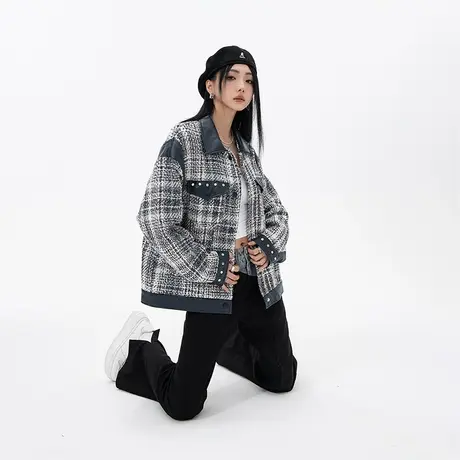 小香风格子外套女春秋2023年新款复古宽松小个子上衣ins潮牌夹克商品大图