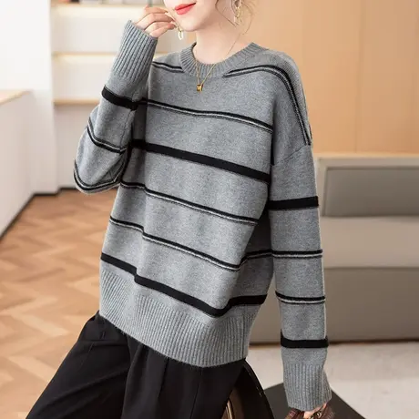 23160新款韩版宽松圆领条纹针织衫女士百搭长袖套头毛衣打底衫图片