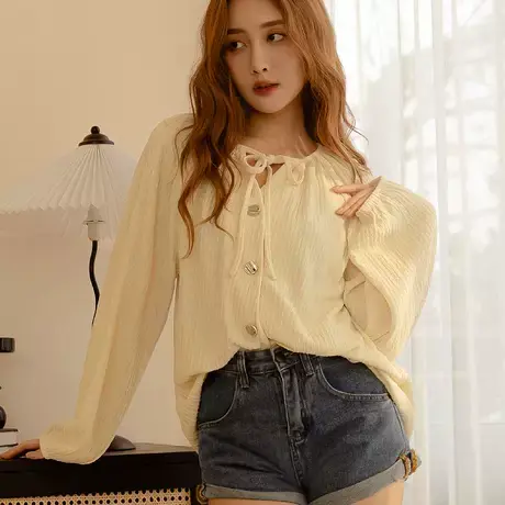 桔熊春季通勤肌理感宽松泡泡袖中长款上衣小外套女大码AB18075图片