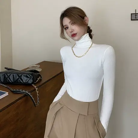 2023秋冬季新款白色内搭加绒德绒洋气半高领打底衫长袖t恤女上衣图片