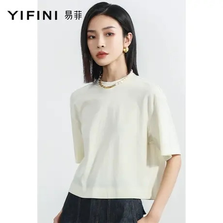 Yifini/易菲三醋酸短袖圆领米白色短款T恤女夏季新款针织上衣商品大图