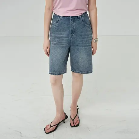 omont蛋挞家  复古牛仔短裤夏季新款高腰显瘦直筒五分裤子商品大图