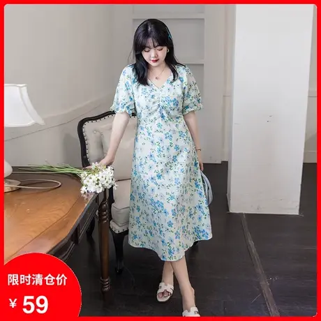 【清仓】季新款V领法式大码胖妹妹MM连衣裙碎花显瘦遮肉a字中长款图片