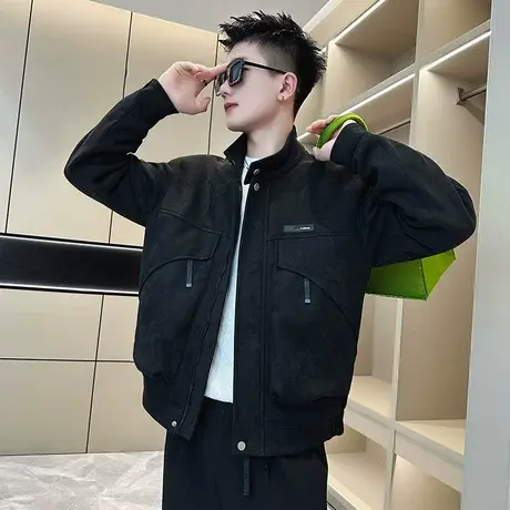 潮牌高级感痞帅大口袋鹿皮绒机车夹克男秋季潮流ins短款休闲外套商品大图