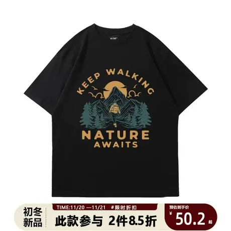 夏季欧美复古街头百搭情侣徒步字母短袖ins潮圆领印花男女大码T恤商品大图