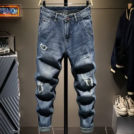 秋冬款日系复古做旧潮牌破洞牛仔裤男直筒宽松韩版潮流水洗韩版潮商品大图