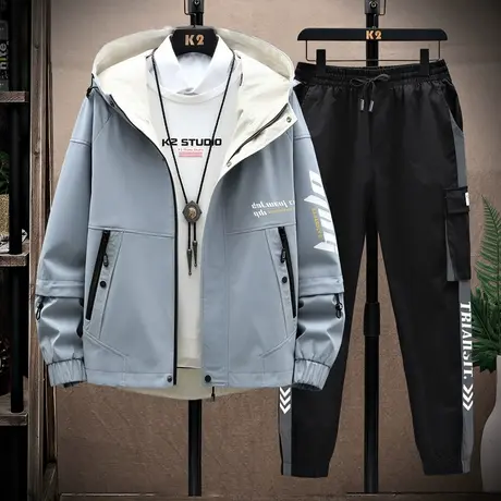 春秋装夹克男套装连帽上衣青少年外套一套秋季休闲裤开衫男装秋衣商品大图