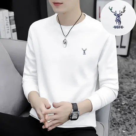 长袖t恤男纯棉打底衫秋冬季保暖加绒加厚内搭圆领全棉白色秋衣服商品大图