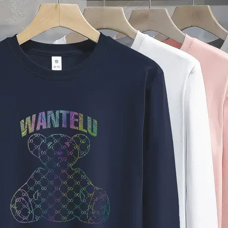 240G重磅纯棉t恤男长袖宽松上衣服潮流ins全棉内搭打底衫小熊体恤商品大图