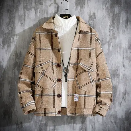 格子夹克男士秋冬装ins潮牌春秋季2023新款纽扣日系呢子短款外套商品大图