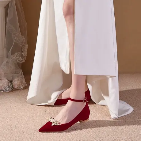 爱丽拉红色秀禾婚鞋女2024新款春季绑带不累脚孕妇舒适平底新娘鞋商品大图