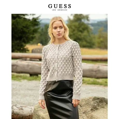 【38上新季】GUESS秋女温柔小香风提花圆领毛衣针织开衫外套商品大图