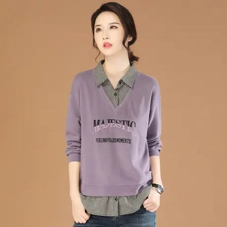 韩潮袭人假两件格子刺绣中长款卫衣女2024春季新款宽松显瘦上衣图片