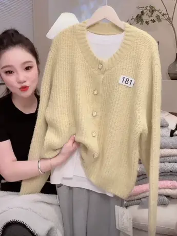 2023秋装新款韩版宽松简约时尚圆领软糯针织开衫纯色百搭毛衣外套商品大图