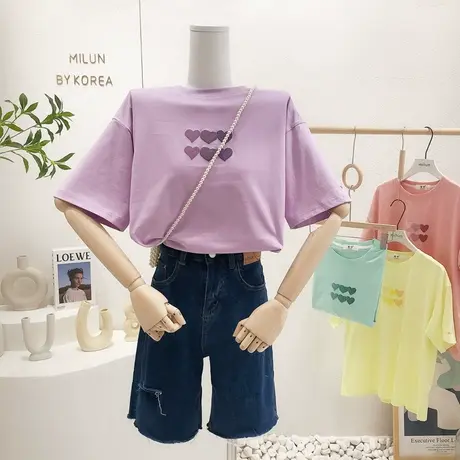 设计感上衣2022春夏款韩国东大门ins爱心纯色棉质宽松短袖T恤打底图片