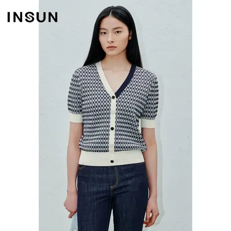 INSUN恩裳线上专选夏季格纹提花撞色针织衫商品大图