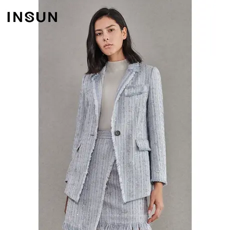 恩裳春季亮片流苏粗花呢修身西装外套商品大图