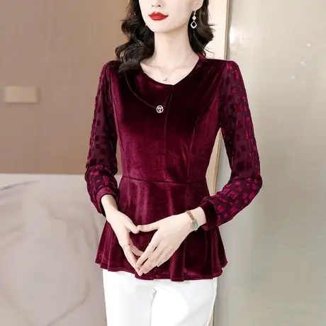 金丝绒打底衫女2023秋装新款大码遮肚子小衫漂亮气质妈妈长袖t恤商品大图