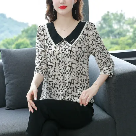 娃娃领雪纺衬衫女2023年新款夏季七分袖漂亮妈妈洋气遮肚格子小衫商品大图