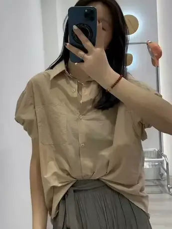 2023夏季新款设计感衬衣女短袖韩版时尚减龄休闲别致纯色衬衫上衣商品大图